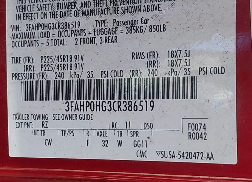 Photo 9 of 2012 Ford Fusion SE (VIN 3FAHP0HG3CR386519)