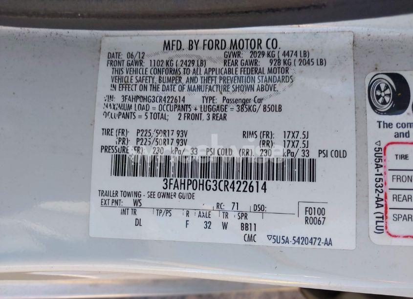 Photo 9 of 2012 Ford Fusion SE (VIN 3FAHP0HG3CR422614)