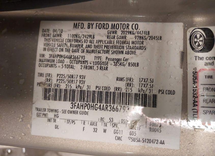 Photo 9 of 2010 Ford Fusion SE (VIN 3FAHP0HG4AR366793)