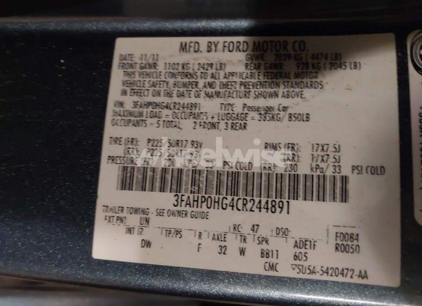 Photo 9 of 2012 Ford Fusion SE (VIN 3FAHP0HG4CR244891)