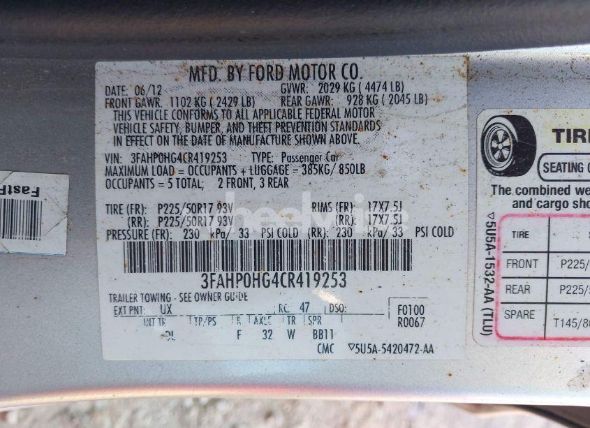 Photo 9 of 2012 Ford Fusion SE (VIN 3FAHP0HG4CR419253)