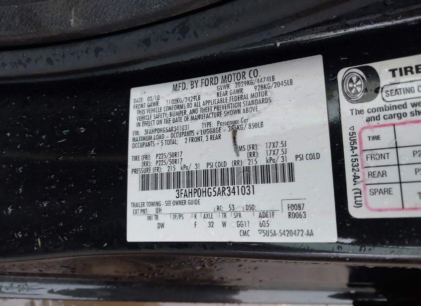 Photo 9 of 2010 Ford Fusion SE (VIN 3FAHP0HG5AR341031)