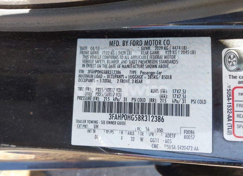 Photo 9 of 2011 Ford Fusion SE (VIN 3FAHP0HG5BR312386)