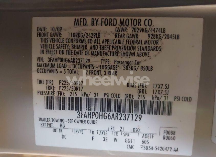 Photo 9 of 2010 Ford Fusion SE (VIN 3FAHP0HG6AR237129)