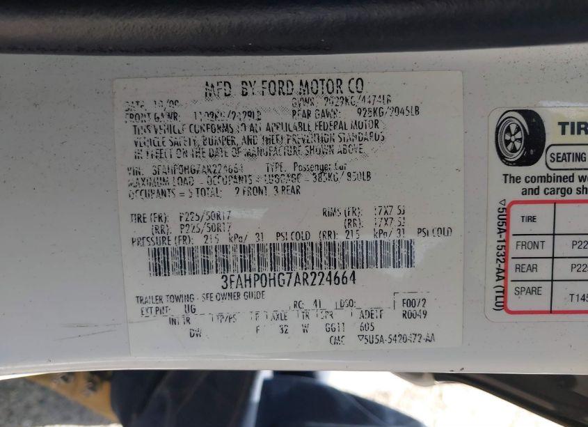 Photo 9 of 2010 Ford Fusion SE (VIN 3FAHP0HG7AR224664)