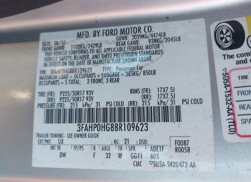 Photo 9 of 2011 Ford Fusion SE (VIN 3FAHP0HG8BR109623)