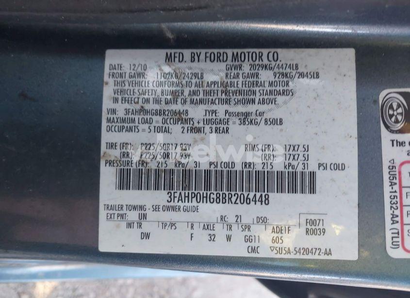 Photo 9 of 2011 Ford Fusion SE (VIN 3FAHP0HG8BR206448)