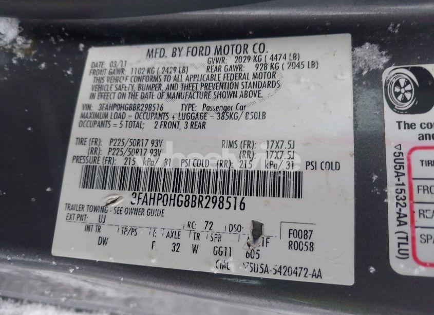 Photo 9 of 2011 Ford Fusion SE (VIN 3FAHP0HG8BR298516)