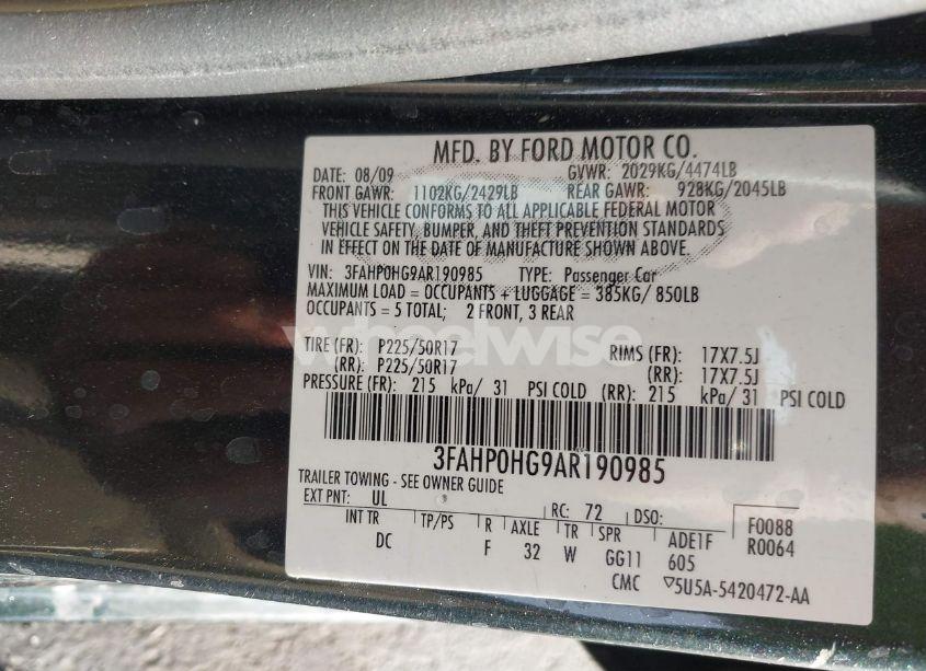 Photo 9 of 2010 Ford Fusion SE (VIN 3FAHP0HG9AR190985)