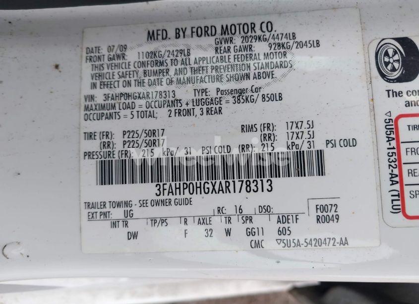 Photo 9 of 2010 Ford Fusion SE (VIN 3FAHP0HGXAR178313)