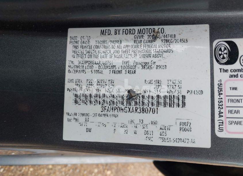 Photo 9 of 2010 Ford Fusion SE (VIN 3FAHP0HGXAR380701)