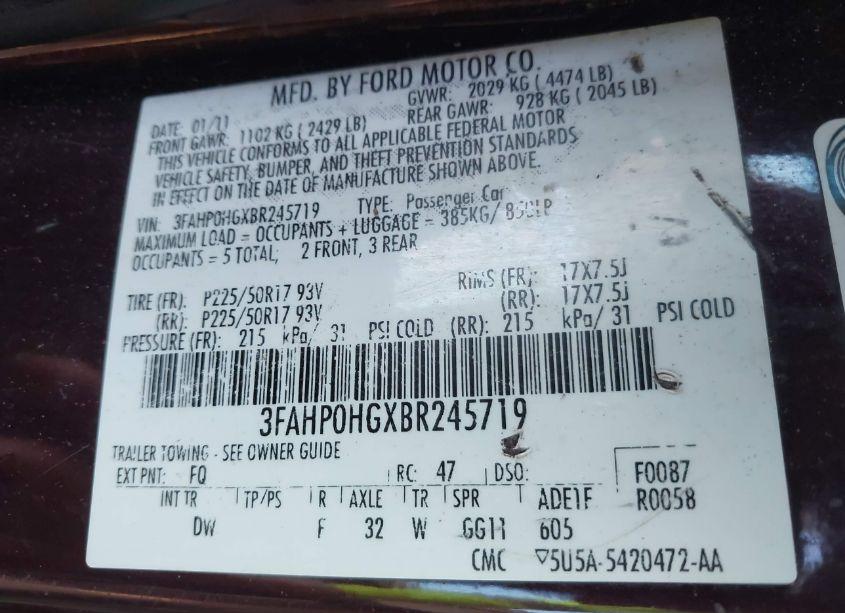 Photo 9 of 2011 Ford Fusion SE (VIN 3FAHP0HGXBR245719)