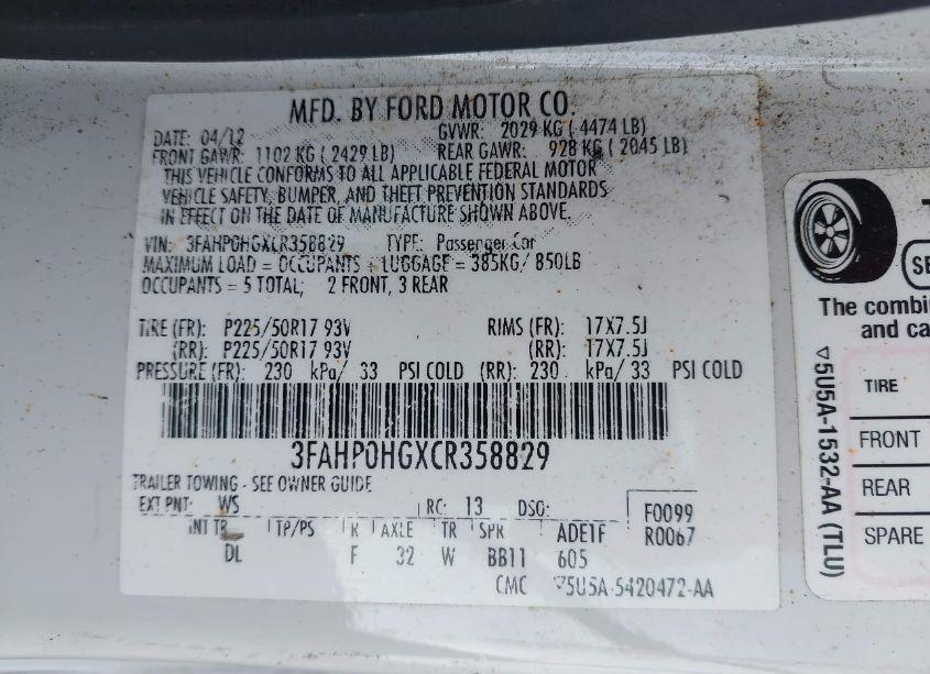 Photo 9 of 2012 Ford Fusion SE (VIN 3FAHP0HGXCR358829)