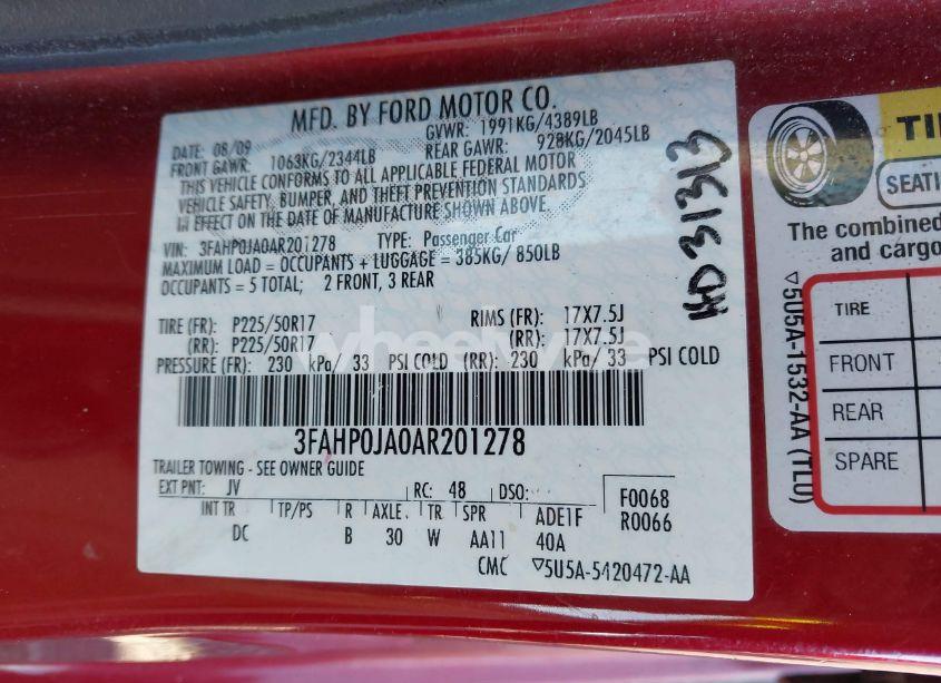 Photo 9 of 2010 Ford Fusion SEL (VIN 3FAHP0JA0AR201278)