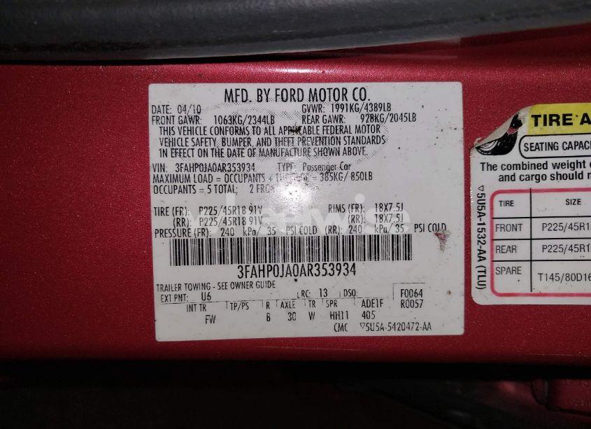 Photo 9 of 2010 Ford Fusion SEL (VIN 3FAHP0JA0AR353934)