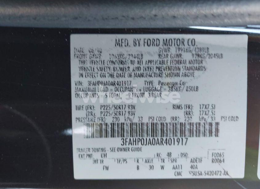 Photo 9 of 2010 Ford Fusion SEL (VIN 3FAHP0JA0AR401917)