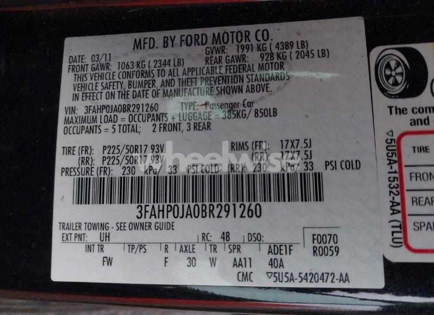 Photo 9 of 2011 Ford Fusion SEL (VIN 3FAHP0JA0BR291260)