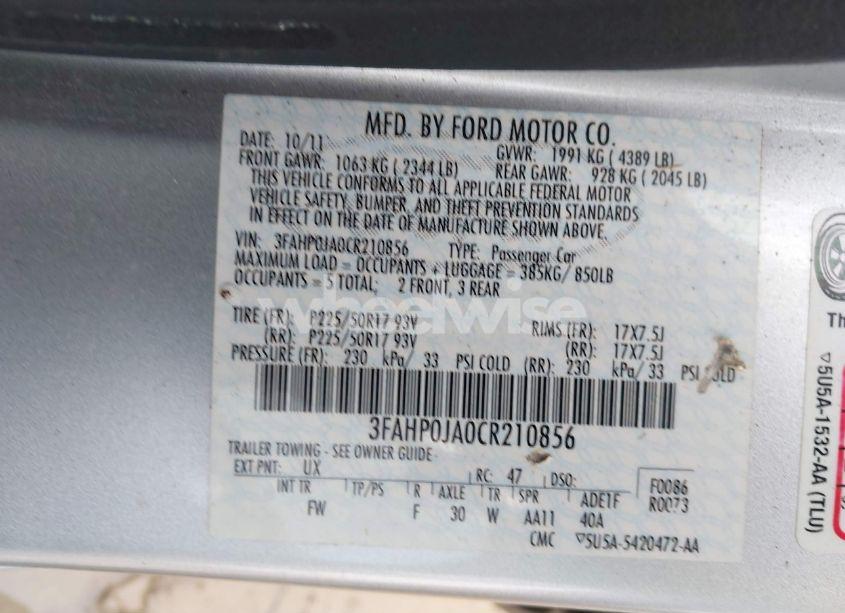 Photo 9 of 2012 Ford Fusion SEL (VIN 3FAHP0JA0CR210856)