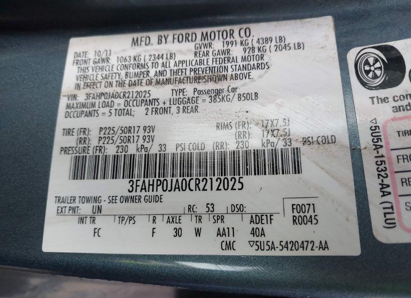 Photo 9 of 2012 Ford Fusion SEL (VIN 3FAHP0JA0CR212025)