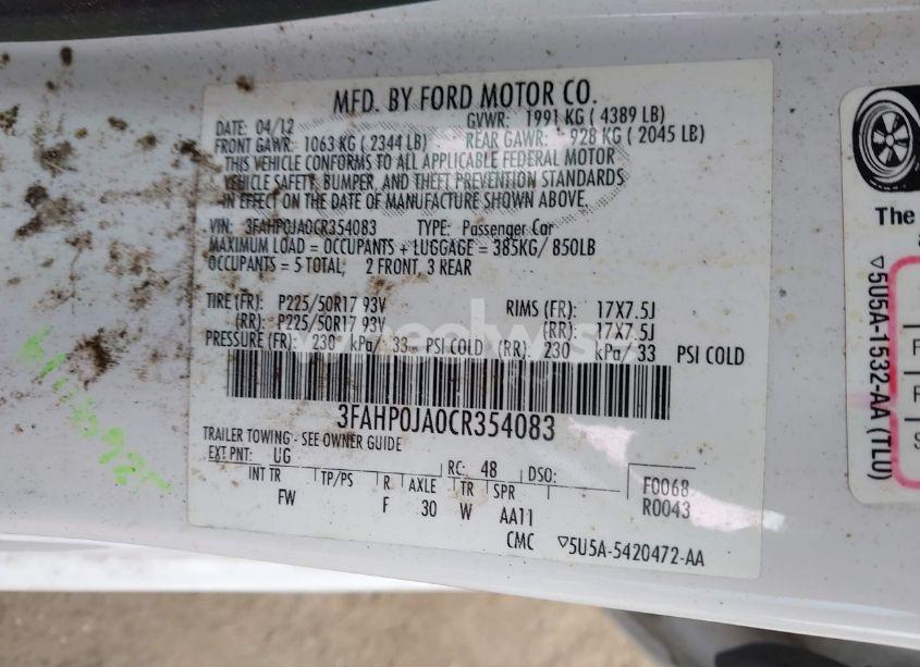 Photo 9 of 2012 Ford Fusion SEL (VIN 3FAHP0JA0CR354083)