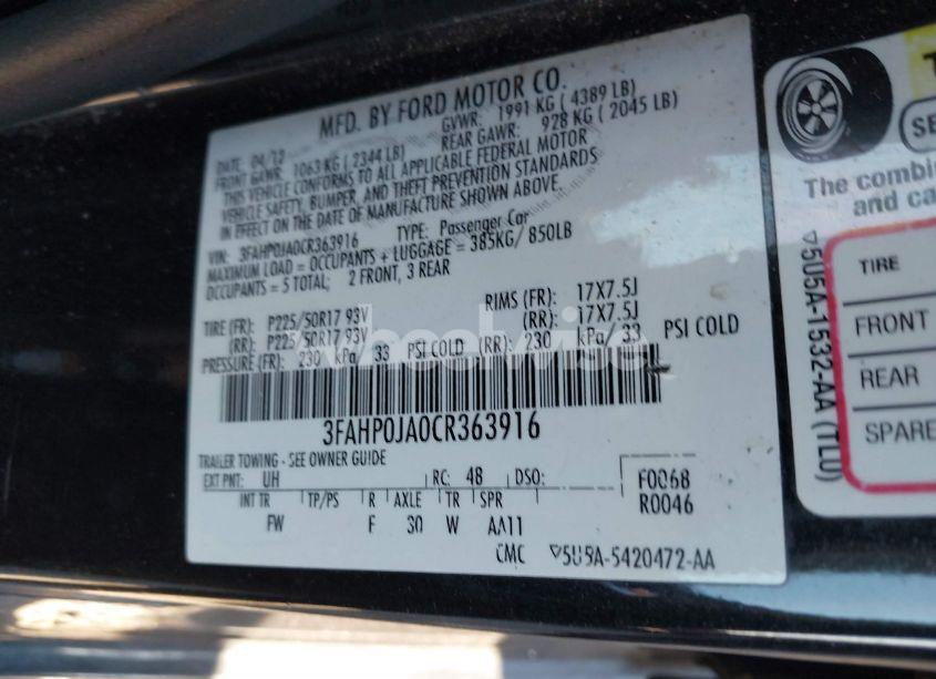 Photo 9 of 2012 Ford Fusion SEL (VIN 3FAHP0JA0CR363916)