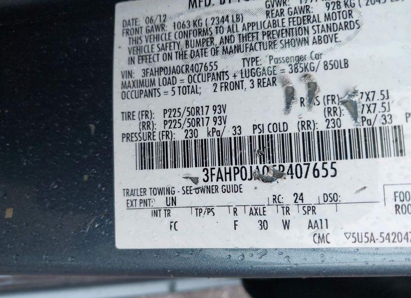 Photo 9 of 2012 Ford Fusion SEL (VIN 3FAHP0JA0CR407655)