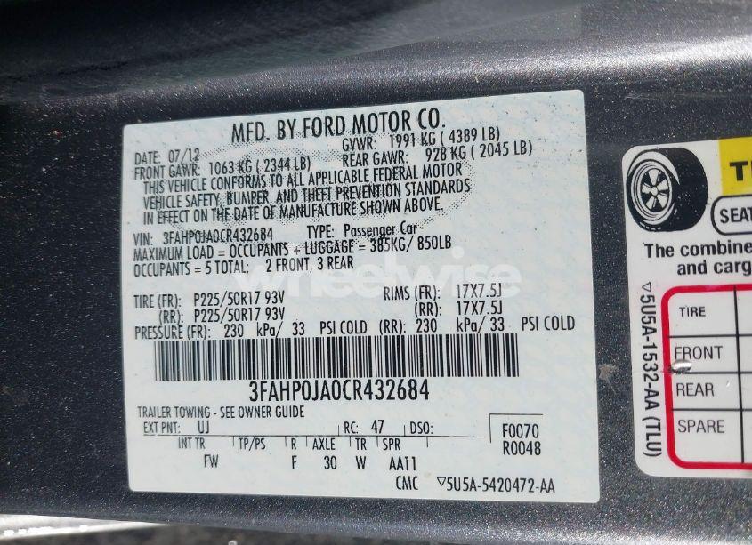 Photo 9 of 2012 Ford Fusion SEL (VIN 3FAHP0JA0CR432684)