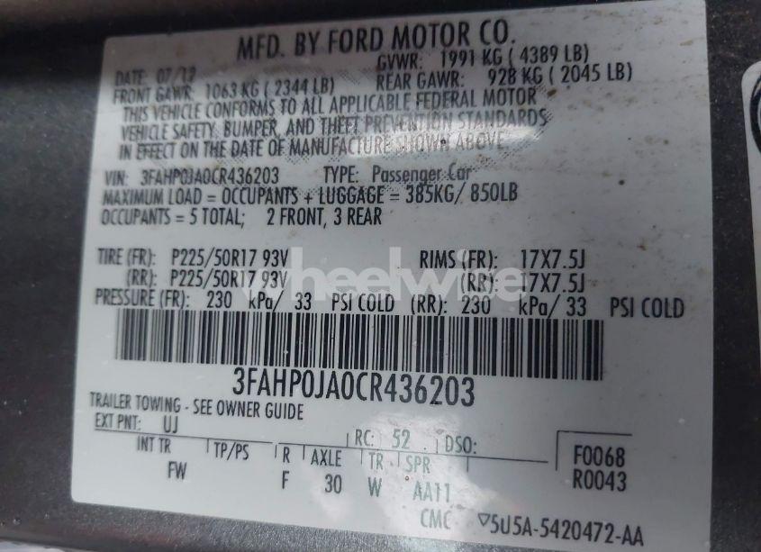 Photo 9 of 2012 Ford Fusion SEL (VIN 3FAHP0JA0CR436203)