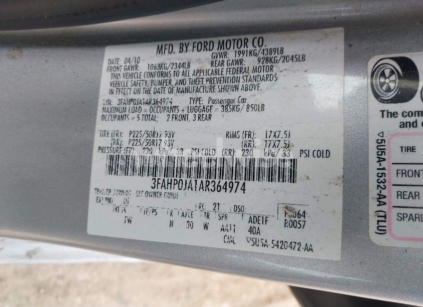 Photo 9 of 2010 Ford Fusion SEL (VIN 3FAHP0JA1AR364974)