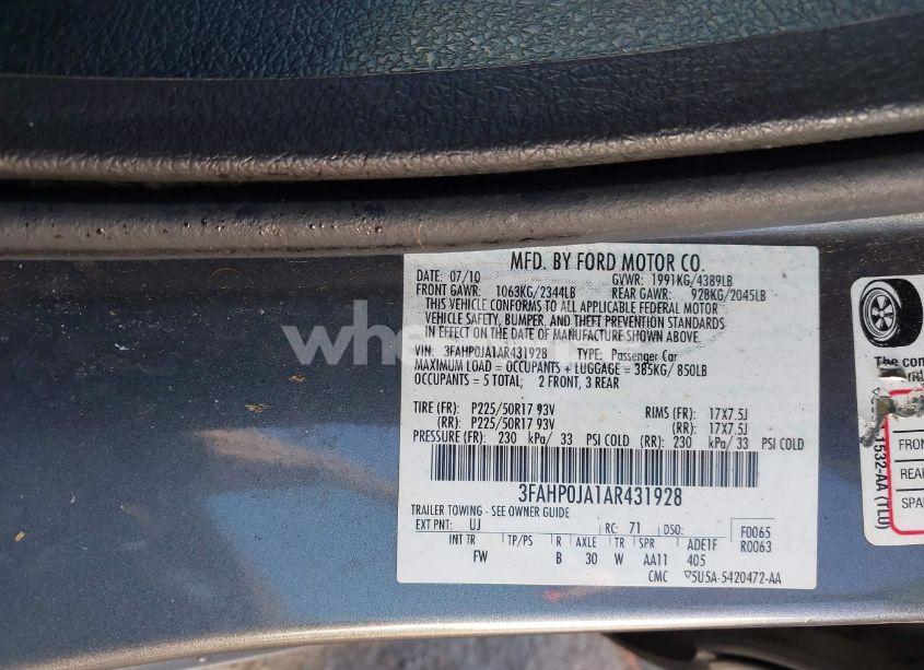 Photo 9 of 2010 Ford Fusion SEL (VIN 3FAHP0JA1AR431928)