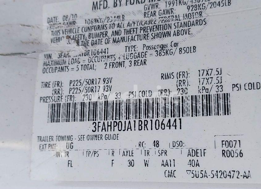 Photo 9 of 2011 Ford Fusion SEL (VIN 3FAHP0JA1BR106441)