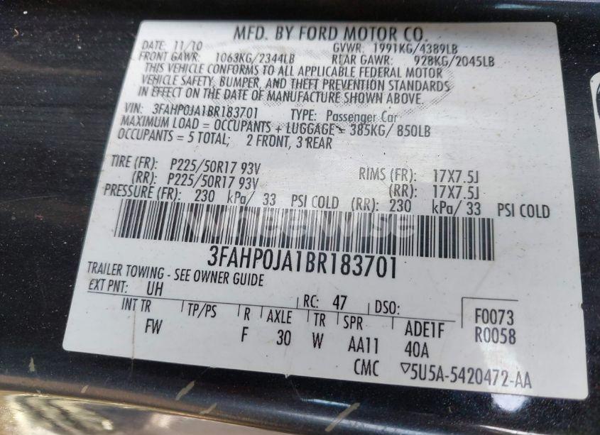 Photo 9 of 2011 Ford Fusion SEL (VIN 3FAHP0JA1BR183701)