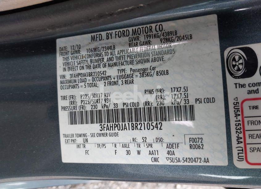 Photo 9 of 2011 Ford Fusion SEL (VIN 3FAHP0JA1BR210542)