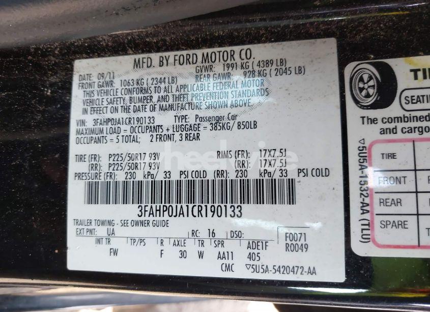 Photo 9 of 2012 Ford Fusion SEL (VIN 3FAHP0JA1CR190133)