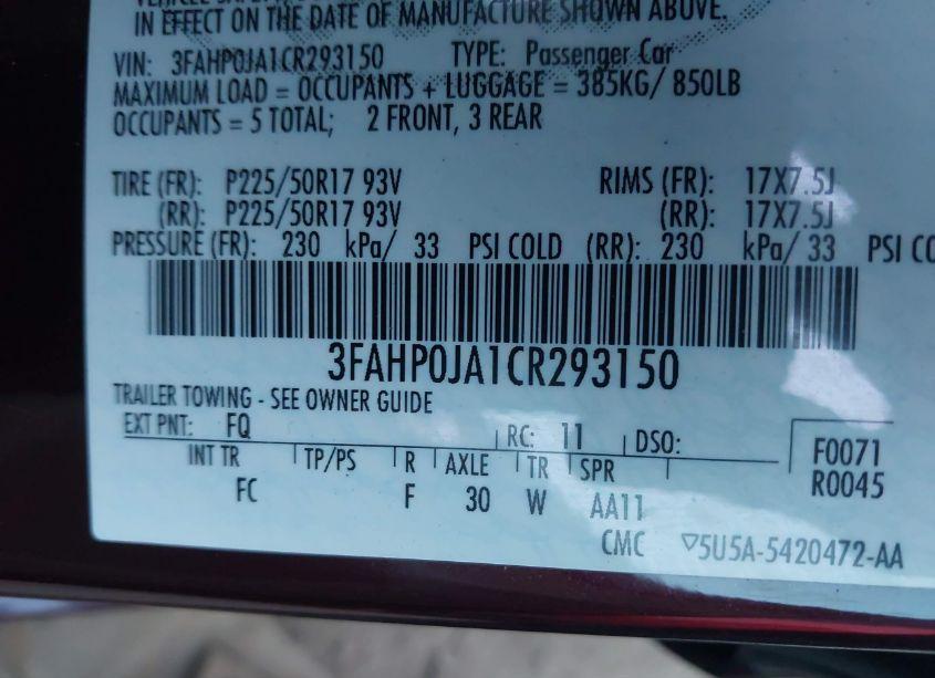 Photo 9 of 2012 Ford Fusion SEL (VIN 3FAHP0JA1CR293150)