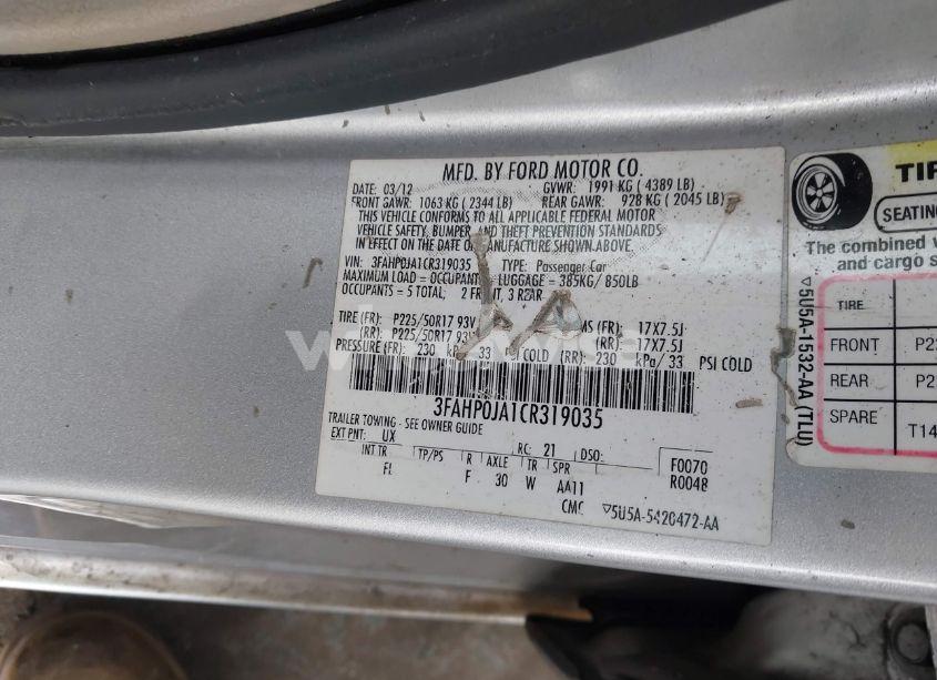 Photo 9 of 2012 Ford Fusion SEL (VIN 3FAHP0JA1CR319035)