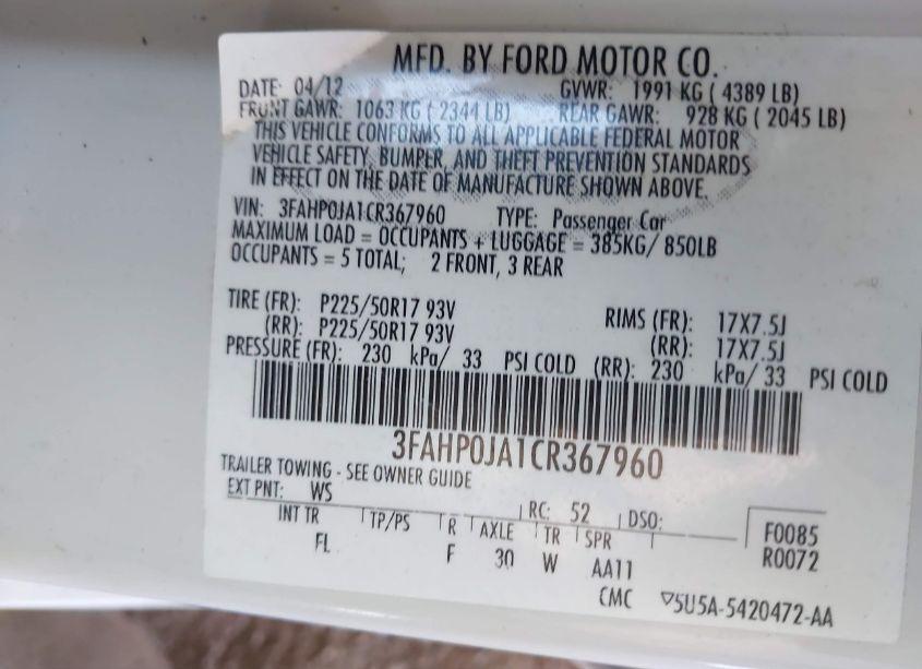 Photo 9 of 2012 Ford Fusion SEL (VIN 3FAHP0JA1CR367960)