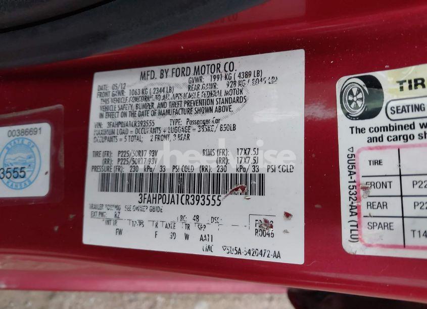 Photo 9 of 2012 Ford Fusion SEL (VIN 3FAHP0JA1CR393555)