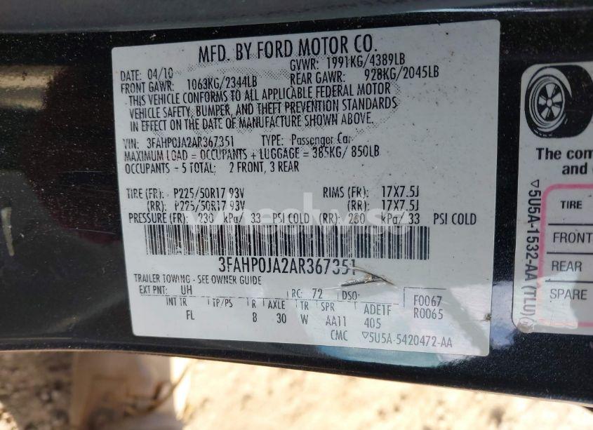 Photo 9 of 2010 Ford Fusion SEL (VIN 3FAHP0JA2AR367351)