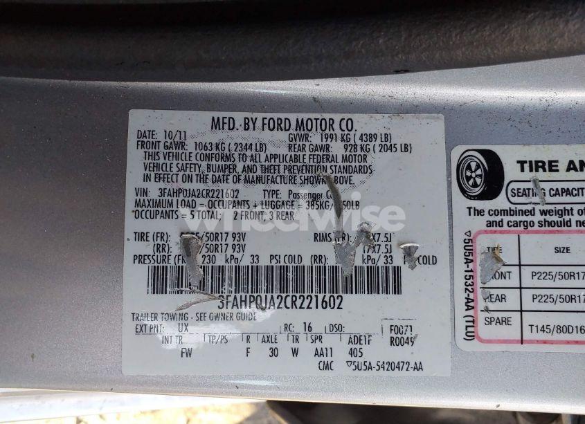 Photo 9 of 2012 Ford Fusion SEL (VIN 3FAHP0JA2CR221602)