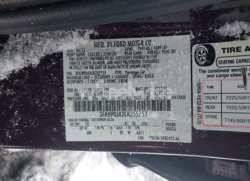 Photo 9 of 2012 Ford Fusion SEL (VIN 3FAHP0JA2CR355753)