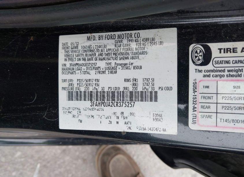 Photo 9 of 2012 Ford Fusion SEL (VIN 3FAHP0JA2CR375257)