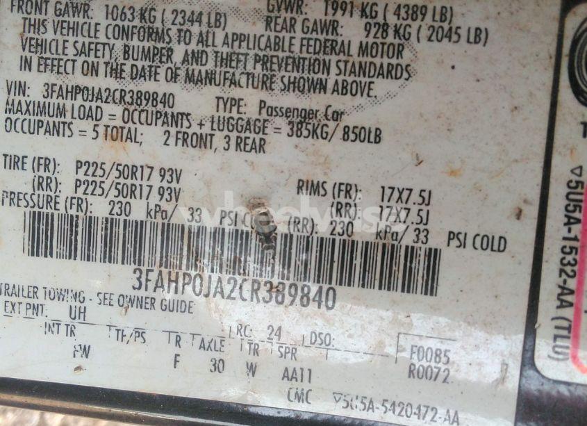 Photo 9 of 2012 Ford Fusion SEL (VIN 3FAHP0JA2CR389840)