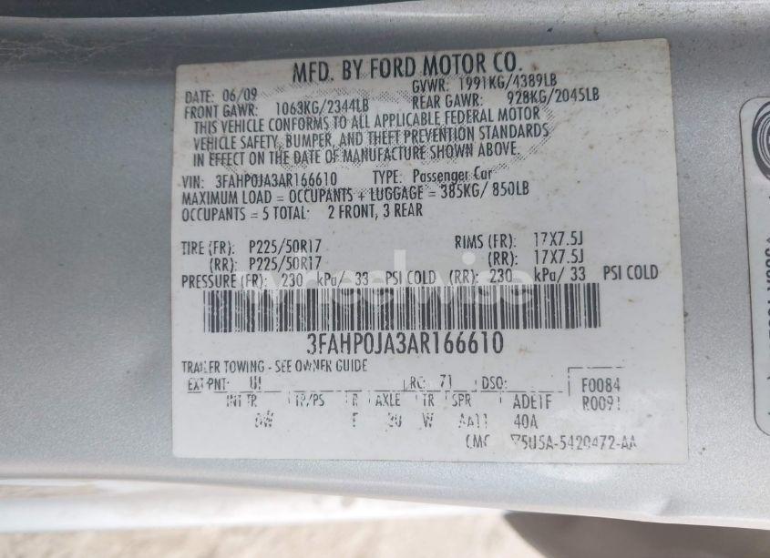 Photo 9 of 2010 Ford Fusion SEL (VIN 3FAHP0JA3AR166610)