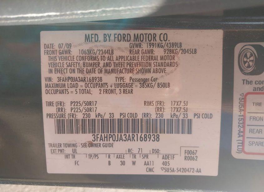 Photo 9 of 2010 Ford Fusion SEL (VIN 3FAHP0JA3AR168938)