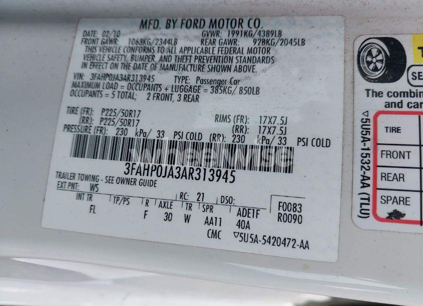 Photo 9 of 2010 Ford Fusion SEL (VIN 3FAHP0JA3AR313945)