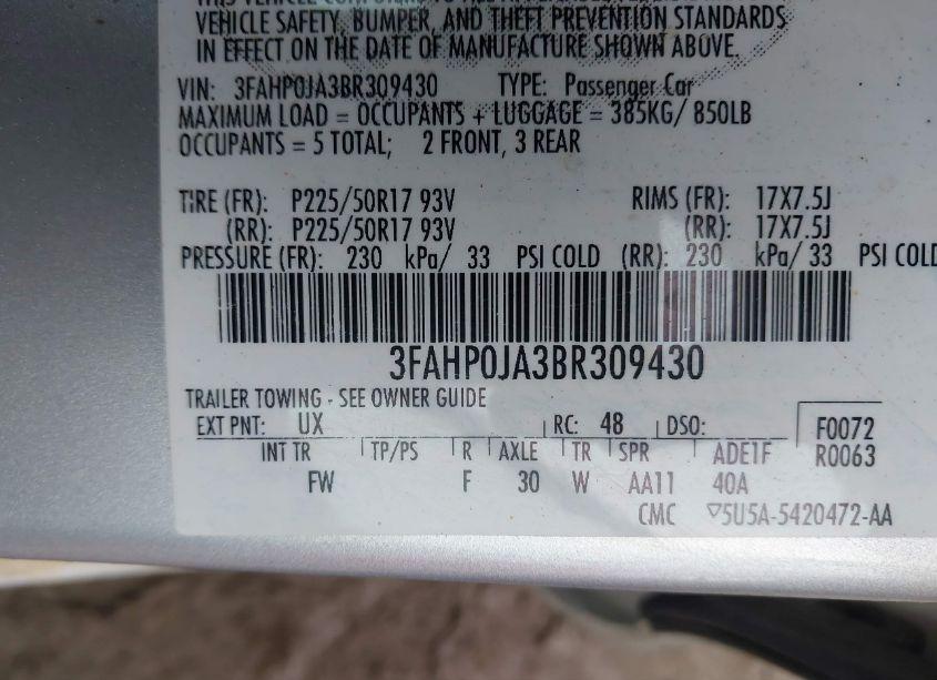 Photo 9 of 2011 Ford Fusion SEL (VIN 3FAHP0JA3BR309430)