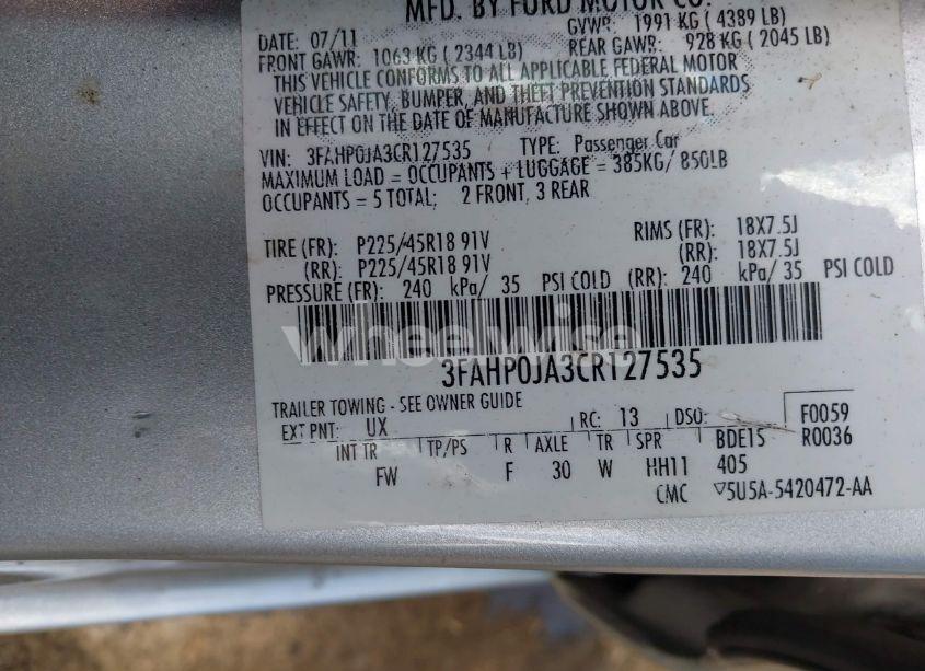 Photo 9 of 2012 Ford Fusion SEL (VIN 3FAHP0JA3CR127535)