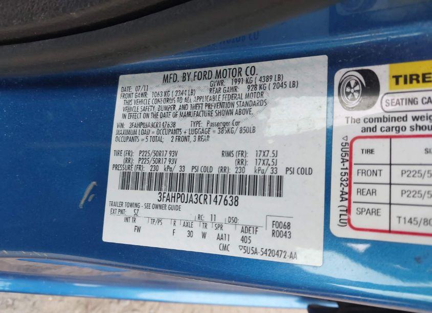 Photo 9 of 2012 Ford Fusion SEL (VIN 3FAHP0JA3CR147638)