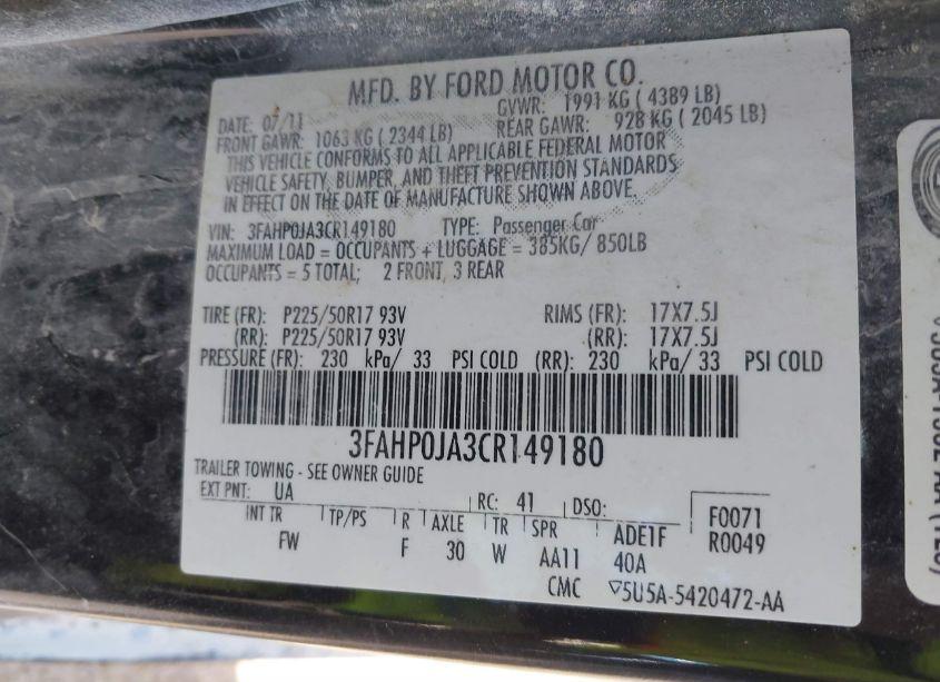 Photo 9 of 2012 Ford Fusion SEL (VIN 3FAHP0JA3CR149180)
